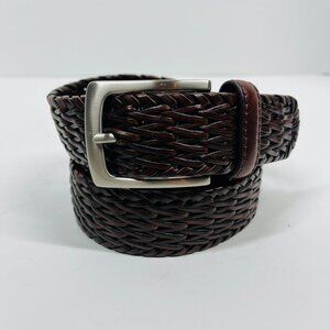 Dark Brown Leather Braided Woven Belt with Brushed Silver Buckle 1.25 in X 43 in